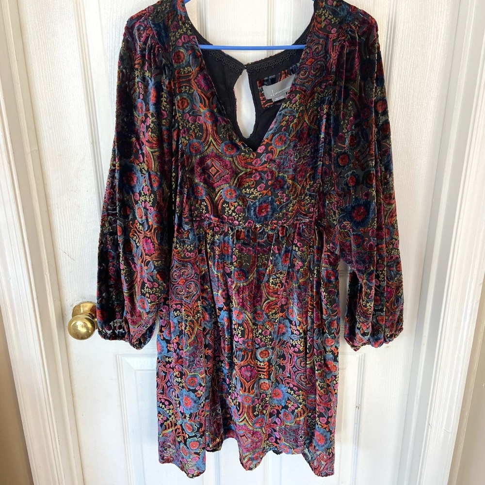 Anthropologie Black and colorful velvet long sleeve dress!